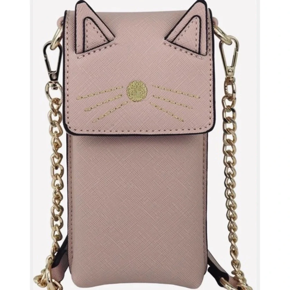 Brentano Blush Cat Face Crossbody Phone Bag Gold Chain Saffiano Faux‎ Leather